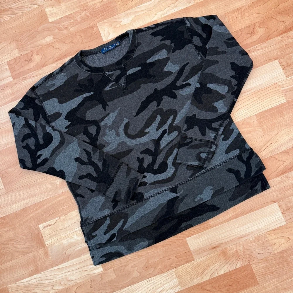 Polo Ralph Lauren Mens Camo Fleece Crewneck Sweatshirt Gray Black Small